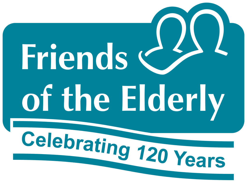 Friends of the Elderly, blue and white logo which reads 'Celebrating 120 years'