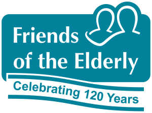 Friends of the Elderly, blue and white logo which reads 'Celebrating 120 years'